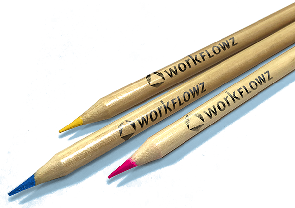 workflowz branded pink, yellow and blue colouring pencils