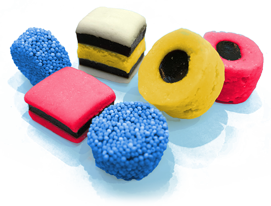 selection of liquorice allsorts in pink, yellow and blue